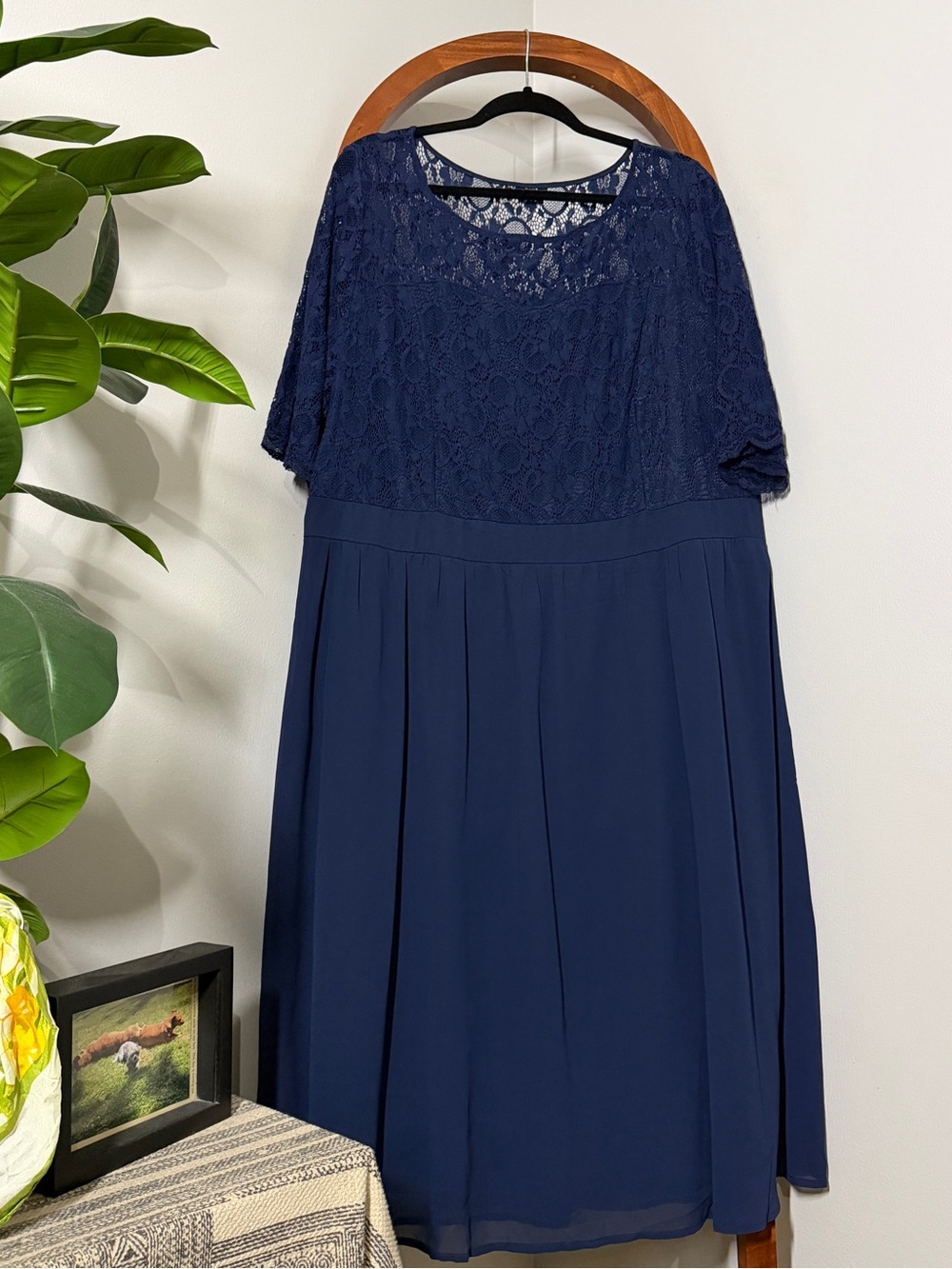 Pinup Fashion 22W Navy Blue Chiffon Lace Illusion Half Sleeve Dress NEW